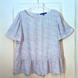 'Apt 9' shirt, black on white, flutter sleeves, bottom hem ruffle, Sz. XL